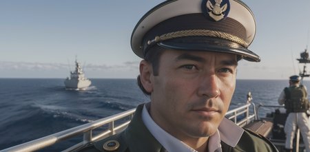 (War Photography:1.3), PhilipCipher portrait, solo, half shot, looking up, detailed background, detailed face, (imperial chinese theme:1.1), ship captain, serious, dark green  sailor uniform,  bicorn hat, navy flag, dynamic movement, on deck of ship, sails,  rail,  nautical instruments, vast open sea on the horizon, dusk,  strategy, cinematic atmosphere, (close portrait:1.3),(Masculine:1.4),(beautiful:1.4),(attractive:1.3),handsome,calendar pose,perfectly detailed eyes,studio lighting,thematic background, (masterpiece, best quality, high quality, highres, ultra-detailed) OverallDetail, (Establishing shot, Ground Level Shot:1.3), (shot by Nikon camera, Shot on 28mm film:1.3), (Soft focus, 15mm lens:1.3),(*Vintage colors, Khaki, navy blue, and white colors:1), photorealistic, photojournalism