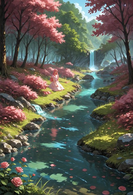 score_9,score_8_up,score_7_up,embedding:zPDXL2, masterpiece,best quality,highly detailed,detailed background, film grain,colorful,glowing,hand person,Expressiveh, , flower, outdoors, day, water, tree, no humans, rose, sunlight, grass, nature, scenery, pink flower, forest, rock, bush, pink rose, river, pond, f33f4l, 1girl, long hair, water,<lora:增强\(增强)sdxl_lightning_8step_lora.safetensors:1.0:1.0> <lora:增强\(增强)Expressive_H-000001.safetensors:0.8:0.8> <lora:增强\(增强)Hands XL 4.safetensors:1.0:1.0> <lora:增强\glowneon_xl_v1.safetensors:1.0:1.0>