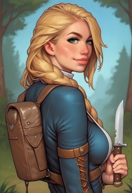 1girl, illustration, looking at viewer, highly detailed, skinny, looking at viewer, 1girl, masterpiece, best quality, ((((back view)))), 
((<lora:Evie_Frye_pxl:1> source_photo, source_real, 1girl, solo, long hair, breasts, looking at viewer,  blonde_hair, cleavage, closed mouth, green eyes, snub nose, adventuress clothes, backpack, lips, eyelashes, portrait, leather, freckles, realistic,, dynamic pose))
BREAK
slight smile, long hair, blonde hair, hair over one eye, big hair, green eyes,
BREAK
best quality, depth of field, bokeh, (hunting knife in hand:1.3), (((((full clothed)))))
BREAK 
((((stones and rocks, forest and blue sky background)))), score_9, score_8_up, score_7_up, score_6_up, source_cartoon, rating_explicit, Expressiveh, ((((upper body))))), dynamic pose,