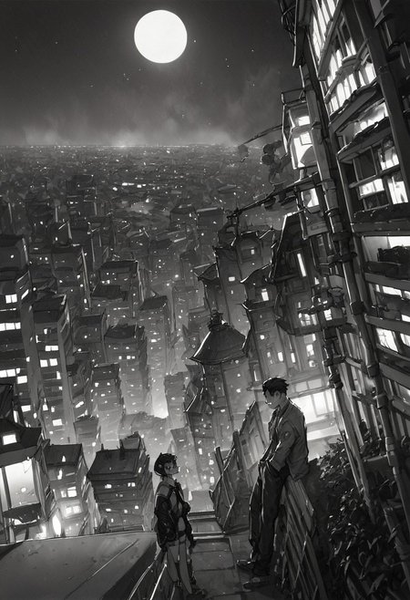 rinotuna, score_9, score_8_up, score_7_up, score_6_up, 1girl, m4ng4, manga, monochrome, greyscale, night, city, comic,