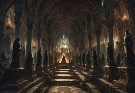 1other, indoors, balcony, window, stained glass, tower, stairs, multiple others, ambiguous gender, fantasy, architecture, altar, standing, weapon, multiple boys, arches, flying buttresses, (low-angle high-angle shot of a grand hall capturing the castle's grandeur:1.2). 

The castle is decorated with antique furniture and statues. Two hooded acolytes, dressed in dark clothing, are performing a dark ritual at an altar. A disturbing and ominous scene inside a gothic castle., The illustration captures a sense of mystery and intrigue., 

crepuscular rays, volumetric lighting, soft shadows, backlighting, light bloom, (deep glow effect:1.3), 

anime artwork, anime style, studio anime, realistic, hyperrealism, 

highly detailed, masterpiece, best quality, very aesthetic, absurdres, cinematic lighting, 

DonM3t3rn1tyXL, Bloodborne, artchlr, DonMG414XL, otclillsn, 
