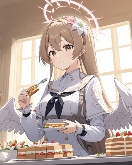 nagisa \(blue archive\), halo, hair_flower, 1girl, teacup, white_dress, black_neckerchief, long_sleeves, holding, sandwich, braid, cake, fork, solo, handgun, table, tiered_tray, closed_mouth, feathered_wings, smile, plate, angel_wings, holster, sailor_collar, indoors
<lora:nagisa_(blue_archive)_image577_2023-11-28-000015:1>halo. gorgeous,key visual, vibrant, studio anime,award-winning, professional, highly detailed,high budget, cinemascope