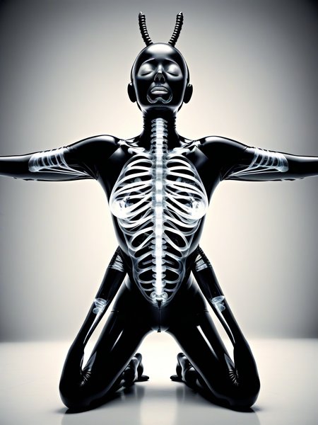 woman arms behind head, body leaning forward slightly, legs crossed, thoughtful and relaxed body language, wearing rubber gimp suit, grotesque, abstract, x-ray art, <lora:DeconDada-000008:0.8>