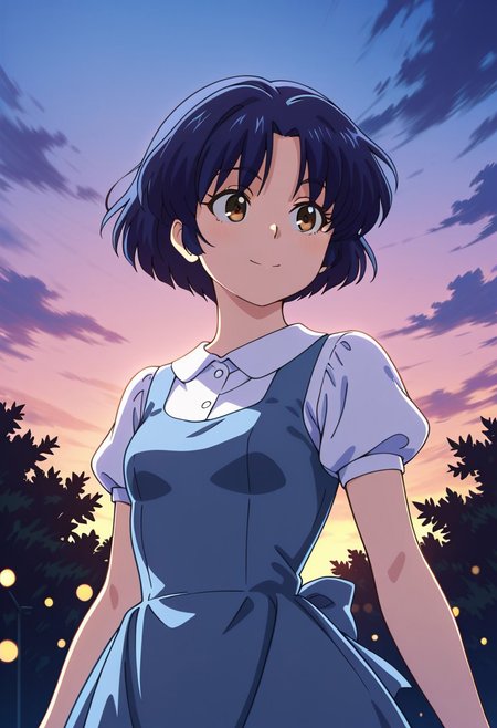 masterpiece, best quality, amazing quality, dynamic view,  solo, dynamic view,  solo, 1girl, masterpiece, best quality, bokeh, luminescent background, 
( akanetendou,   
dark blue hair, short hair, parted bangs, brown eyes, small breasts,  
  blue dress, pinafore dress, sleeveless dress, white shirt, collared shirt, puffy short sleeves, white socks, black shoes,
,   ), 
portrait, happy
