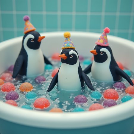 Create a picture of a group of penguins having a pool party in a bathtub filled with colorful Jell-O, photo realistic, 4k