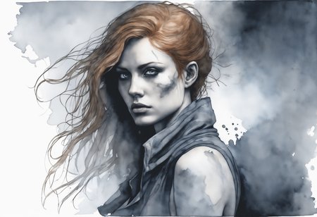 a watercolor painting of a female, side view.
Her (ginger undone hair:1.2) covers part of her beautiful face and bare chest, cold blue eyes. 

There is diffuse, misty and smoky atmosphere around her, giving the picture a menacing element. 
The picture is photographed in a monochromatic scheme, mainly with shades of black, white and gray.
(dystopian style, highly detailed, bleak, post-apocalyptic, somber, dramatic)
