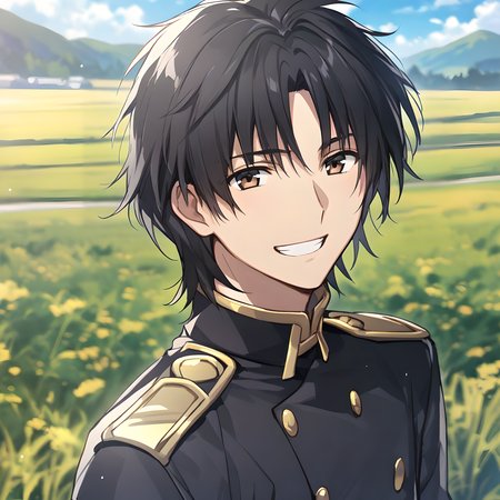 willem_kmetsch, 1boy, solo, short hair, black hair, brown eyes, military uniform, black uniform, upper body view, smile, grin, field background, sunny day,<lora:XL-WillemKmetsch:1>