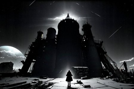 highly insanely detailed, masterpiece, top quality, best quality, highres, 4k, 8k, RAW photo, (very aesthetic, beautiful and aesthetic),  
tsutomu nihei,nihei_tsutomu,blame!,blame gakuen!,abara,TNstyle,sidonia_no_kishi,(megastructure in background,sidonia \(ship\),lab,deep horizon,mausoleum,giant room,stairs,tunnel,city ruins,tower,space,spacecraft,hangar),wire,bones,fence,walkway,air conditioner,tentacles,mist,smoke,foggy,fog,steam,buildings,toha heavy industries,clouds,gauna,gauna mech,drainpipe,machinery,letterboxed,dome,lantern,dark sky,black sky, 
<lora:ABARA:0.8>, 
(1girl:1.3), 
solo focus, 
moonlight,summer,spring,autumn,winter,checkered background,rainbow background,(neon color background),âââ