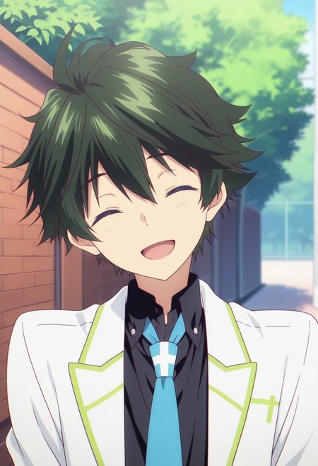 masterpiece,best quality,amazing quality, source_anime, 
HaruhikoIchijo, 1boy, male focus, solo, closed eyes, green hair, school uniform, shirt, black shirt, collared shirt, necktie, blue necktie, jacket, blazer, white jacket, open jacket, 
outdoor, smile, open mouth. head tilt,
