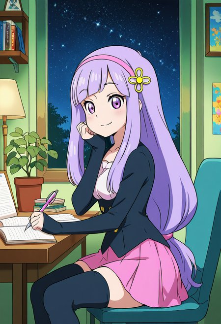 masterpiece, best quality, solo, curvy, beautiful eyes, narrow waist, wide hips, 1girl, solo, smile, looking at viewer,    zzVioletta, purple eyes, purple hair, hair ornament, blunt bangs, long hair, low-tied long hair, pink hairband,   jacket, sleeves past wrists, pink skirt, black thighhighs, zettai ryouiki,   ,<lora:ViolettaByKurumiErika_IXL:1.0>,  , zzLofi, sitting, side view, desk, chair, book, bookshelf, head rest, holding, holding pen, lamp, night, open book, pen, plant, potted plant, sky, star (sky), starry sky, window, windowsill, writing, <lora:LofiGirl_Style_IXL:0.8>,