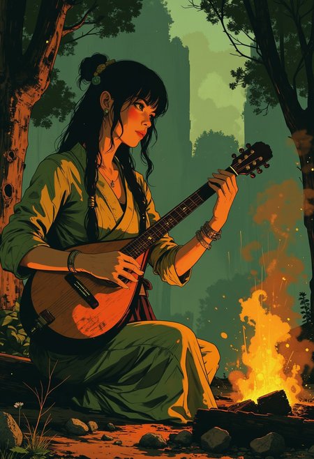 in the style of cksc,, Stunning Japanese woman (long hair, sidelocks, hair ornament, summer dress) sitting outside playing a lute, in a woodland clearing at night, by a wood fire, illuminated by the light of the fire.