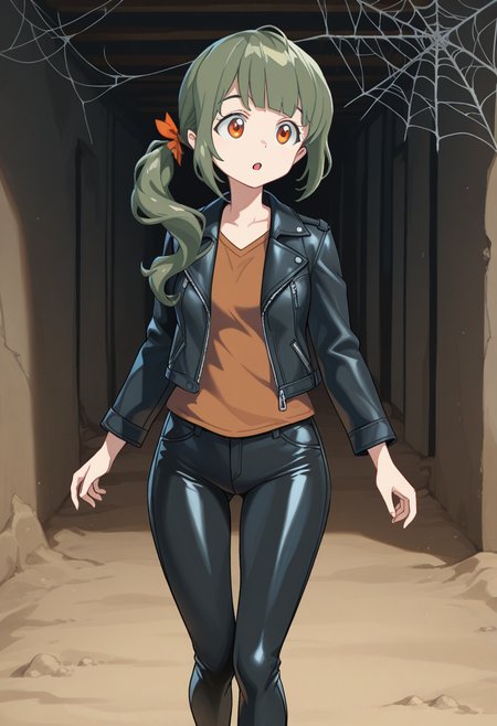 1girl, solo, lrheroine, green hair, side ponytail, long hair, blunt bangs, hair ribbon, orange eyes, cowboy hat, leather jacket, brown shirt, leather pants, indoors, tomb, sand, spider web, abandoned place, walking, :o