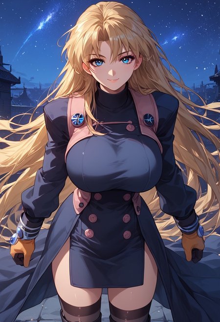 score_9, score_8_up, score_7_up, score_6_up, 1girl, solo, looking at viewer, light smile, huge breasts, large breasts, Expressiveh, night sky, long hair, blonde hair, gloves, blue eyes, long sleeves, vest,  very long hair, buttons, turtleneck, thighhighs, gloves, boots, dress