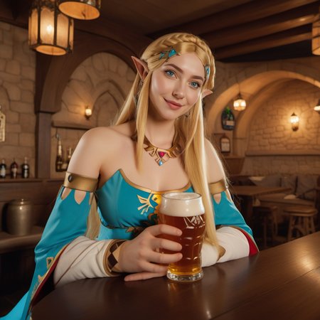 cinematic photo princesse zelda,  pointy ears, blue eyes, long blond hair, detached sleeves,dress, navel, having a beer in a pub  <lora:Zelda1024:0.8> . 35mm photograph, film, bokeh, professional, 4k, highly detailed