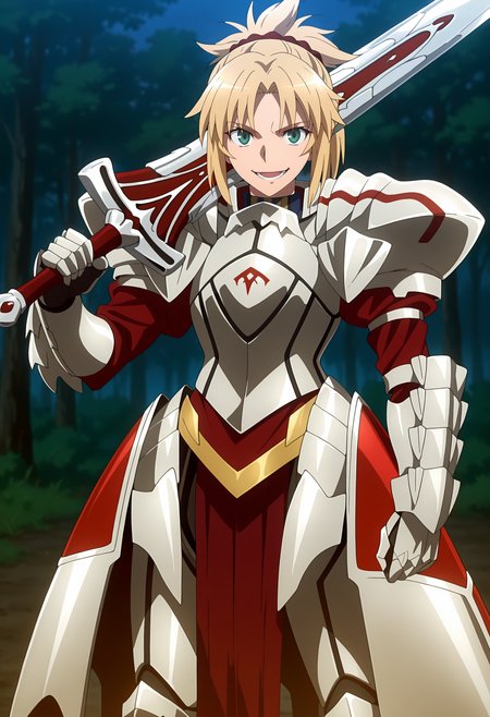 anime screencap, masterpiece, best quality,
<lora:FateApocrypha_Mordred_IlluXL:0.9>,
1girl, solo, closed mouth, crazy smile, lower teeth only,
ponytail, parted bangs, french braid, blonde hair, red scrunchie, green eyes,
full armor, pauldrons, faulds, gauntlets, greaves, pelvic curtain,
sword over shoulder, holding sword, clarent \(fate\),
standing, looking at viewer, cowboy shot,
outdoors, forest, dark, night, fog, blurry background