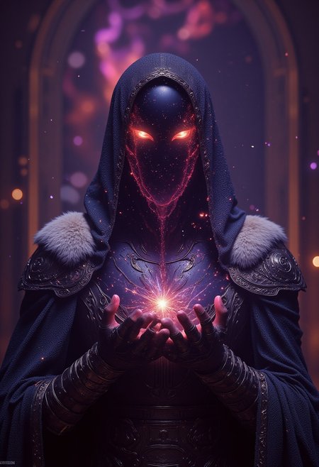 This high-quality digital artwork depicts a faceless god, holding the universe in his palm. The god has no face. Instead, where the gods face would be is a smooth, featureless, black surface, consumed by darkness with a swarm of beautiful stars scattered. The faceless god is clothed in an elegantly designed, dark, lightly  armored robe, with a white fur collar, that covers the spirits torso and arms. The background features a universe with colorful twinkling stars. The camera angle is leveled, looking at the faceless god, emphasizing it's gut wrenching situation. The depth of field is wide, keeping everything in sharp focus, highlighting every magnificent detail. The overall aesthetic quality is very high, showcasing excellent use of lighting and composition.((heavy pink and magentas))