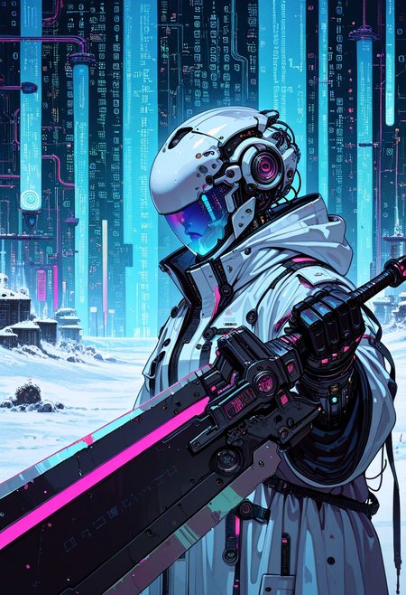 (buchi \(qooo003\), aleriia v, tonton, kyu yong eom:0.9),, masterpiece, newest,absurdres,very awa, solo, visor, helmet, cyborg, intricate detail, holding sword, pointed down, close-up, (transparent:0.9),(huge weapon:1.1),  motion lines, depth of field, (depth),mcnm,
BREAK,
robe, techwear, geometric, layered fabric, snow, cyberpunk, bunker, neon lights, frost, cement, pillars, (binary:1.2), (reflection:1.1), double exposure, abstract background, neon trim, XUER guangying, 4ki4k4ne_illu, arrow symbol,surreal lighting, high-contrast shading, trippy, weapon focus, (ambient occlusion), outline, sharp