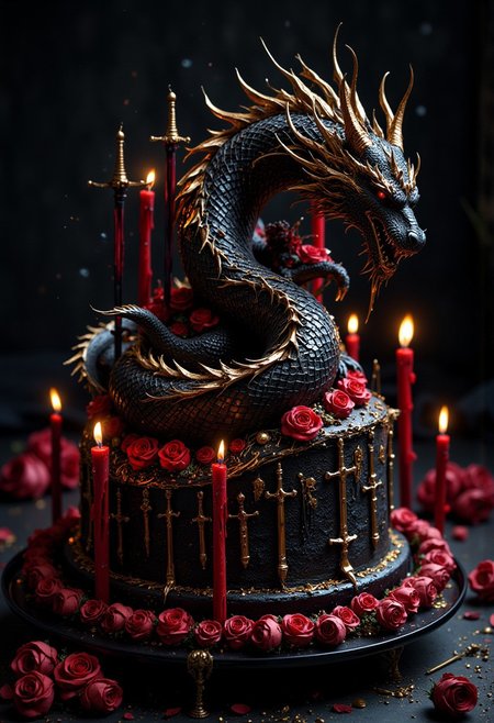 Gothicpunk  black velvet cake, golden black dragon on top, red and black swords surrounding the dragon black icing, candles in the shape of swords, red roses, ultra HD, magical realism, ultra fine details, cinematic, fantasycore, volumetric lighting, epic composition, grimdark, ,breathtaking borderland fantasycore artwork by Android Jones, Jean Baptiste monge, Alberto Seveso, James Jean, Jeremy Mann, maximalist highly detailed and intricate professional photography, a masterpiece, 8k resolution concept art