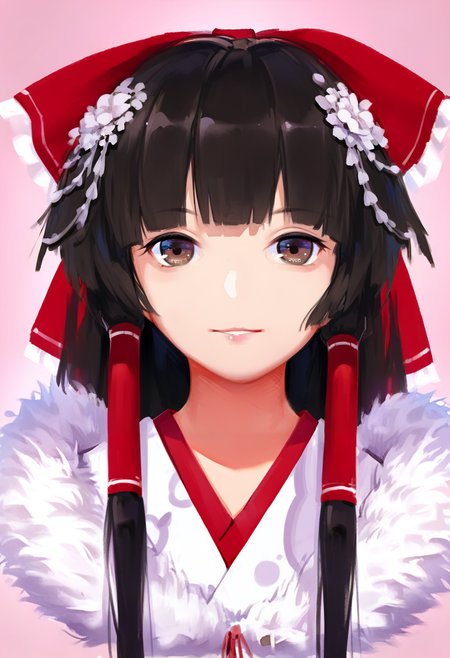 1girl, solo, hakurei reimu, bow, hair bow, red bow, hair tubes, japanese clothes, looking at viewer, pink background, brown eyes, kimono, hair ornament, bangs, upper body, smile, flower, sidelocks, hair flower, black hair, brown hair, long hair, parted lips, fur trim, blunt bangs, white kimono, simple background, lips, portrait, alternate costume <lora:solaXL_NBVP1_lokr_V6311P:0.95>