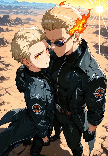 IllusP0s, source_anime, ah1, IllustriousQual, interesting, exciting, spectacular, wonderful, amazing quality, absolutely eye-catching, very awa,  
BREAK <lora:xl_more_art-full_v1:0.2>, <lora:aesthetic_anime_v1s:0.2>,<lora:detailxl:0.2>, detailxl, amazing quality, best aesthetic, absurdres, illustration, Volumetric_Lighting, ultra-detailed, very aesthetic, intricate details, best_quality, lazympos, <lora:Add_Details_v1.2:0.2>, <lora:quality_modifiers_masterpieces_v1:0.2>, <lora:ZootPonyAnime_V1_r2:0.2>, <lora:Bestifacator2:0.2>, anime style,
BREAK (((His voice rings out, calm and steady, as he guides his comrades through the treacherous terrain, his eyes scanning the horizon for any sign of danger, his hand on the shoulder of the man beside him, a reassuring presence in the midst of uncertainty, The men around him nod, their faces set with determination, as they press on, their footsteps echoing through the desolate landscape))), <lora:DynamicPoseIL2att_alpha1.0_rank4_noxattn_900steps:0.8>, dynamic pose,
BREAK Stable_Yogis_PDXL_Positives, AS-Adult, <lora:Complicated fantasy portrait - XL Pony V2.0:0.2>, <lora:HDA_Detailer:0.3>, AS-MidAged, ((((from above), (from side), chest focus))),
BREAK (((<lora:albertwesker-guy-PONYv1:0.8>, albertwesker, 1boy, toned, athletic, fit, mature male))), <lora:shinyskin2:0.2>, glistening skin, <lora:perfection style:0.2>, perfection style, perfection, 
BREAK (((black gloves, watch, belt, black coat, black pants, black turtleneck, zipper, black boots))), ((sunglasses:1.3)), 
BREAK ((slicked back hair, (short hair:1.7), blonde)), <lora:hairdetailpxl:0.2>, hairdetailpxl, 
BREAK ((angular face, sharp_featured face, handsome, charming, alluring)), slit pupils, orange eyes, expressive eyes, perfecteyes, EyesHD, <lora:Eyes_Lora_Pony_Perfect_eyes:0.2>,
BREAK (((Worried, Anxious or troubled about actual or potential problems))), <lora:Expressive_H:0.2>, Expressiveh, <lora:Emotional_Anime_Expressions_PonyXL_Concept:0.2>, emotional, <lora:Best_Facial_Expression_LoRA_PONY:0.2>, looking at viewer, <lora:Detailed expressive EXEV style -XL Pony V1.0:0.2>, FaceDetail,
BREAK (((Solar Flare, The Solar Flare spaceship is sunburst yellow with fiery patterns adorning its hull, The design features sharp angles and solar panels on the sides))), <lora:Background Detailer - SDXL:0.2>, 4k, 8k, Ultra HD, Masterpiece, Best quality, Detailed background, foreshortening, extreme perspective, <lora:Add_more_details_V2_XLpony:0.2> full_details, <lora:background-type1:0.2>, <lora:AddMicroDetails_Illustrious_v3:0.2>, addmicrodetails, SmoothNoob_Quality,