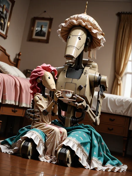 <lora:B1_Battle_Droid_Star_Wars_-_Illustrious:0.9>, b1bd, cl4nker, robot, solo, science fiction, mecha, no humans, humanoid robot, realistic, BREAK, Tea_party, sitting on floor with robot child, sitting together, father and daughter, frilly hat, raised pinkie, holding teacup, children's_bedroom, dynamic angle, highres