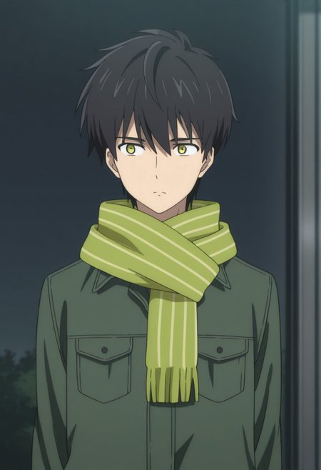 masterpiece,best quality,amazing quality, source_anime, 
KurouSakuragawa, 1boy, male focus, solo, yellow eyes, black hair, scarf, green scarf, coat, green coat,