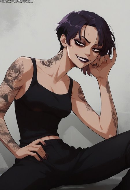 score_9, score_8_up, score_7_up, Expressiveh, source_anime, masterpiece, score_9, score_8_up, score_7_up 1girl, solo, mayabl2, tattoo, makeup, lipstick, half closed eyes, looking at the viewer, (cowboy shot:1.3), (asian, japanese idol:1.3), very short hair, yakuza tattoo, irezumi, (black undersized tank top:1.3), (black oversized pants:1.3), visible ombligo, thin waist,perfect eyes, symetric eyes, half closed eyes, dark bags under eyes, bags under eyes, slim, slender, ripped body, symetric eyes, looking at the viewer, (very short hair:1.3), morena, sitting, spread legs, smile, smirk, evil smile, pretty face, perfect face, (side view:1.1), tomboy, boyish