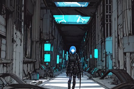 highly insanely detailed, masterpiece, top quality, best quality, highres, 4k, 8k, RAW photo, (very aesthetic, beautiful and aesthetic),  
tsutomu nihei,nihei_tsutomu,blame!,blame gakuen!,abara,TNstyle,sidonia_no_kishi,(tunnel,city ruins),science fiction,open space,cyberpunk,dystopia,destroyed,biomachine,bioluminescence,empty,dark background, 
<lora:blameLora_v10:1>, 
(1girl:1.3), 
solo focus, 
iridescent blue background,red and black background,(colored confetti background),âââ
