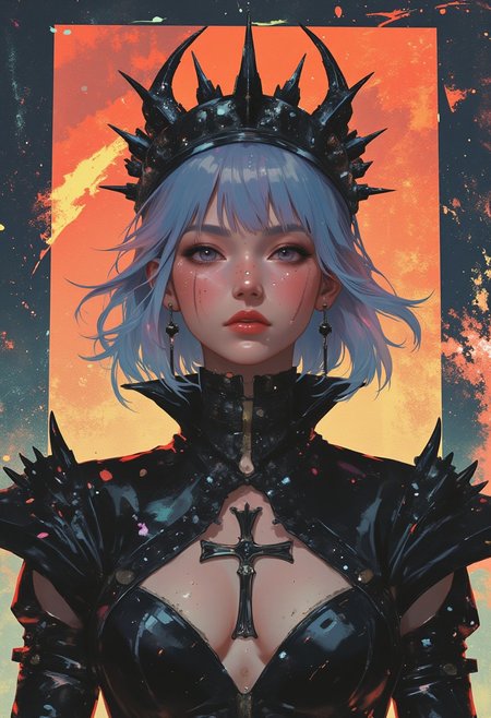 A highly detailed digital artwork, HD, 8K quality, ultra-detailed, masterpiece artwork, depicts a gothic, dark fantasy aesthetic centered on a young woman with pale skin and short, light blue hair styled in a sleek bob with sharp bangs. Her angular features, prominent cheekbones, slender nose, and dark red lips exude eerie elegance, while her piercing deep red eyes heighten her haunting, otherworldly presence. She wears a high-collared gown crafted from a shiny, leather-like material with intricate, spiked details on the shoulders and sleeves, giving her attire a gothic, armor-like sophistication. A large, ornate crown of jagged black spikes adorns her head, amplifying her regal yet foreboding aura. A prominent cross necklace rests against her chest, its religious motif adding a layer of mystique. Behind her, a rectangular frame of volcanic rock cracks emits glowing lava-colored light, casting fiery hues of orange, red, and yellow into the scene. The molten glow contrasts starkly with her dark attire and pale complexion, creating a dramatic interplay of light and shadow. Subtle, directional lighting accentuates the textures of her gown and crown, while the volcanic frame bathes her in an otherworldly radiance, blending gothic sophistication with an apocalyptic surrealism.