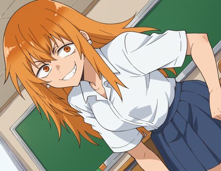 score_9, score_8_up, score_7_up, source_anime,
makigamou, <lora:maki-gamou-s1s2-ponyxl-lora-nochekaiser:1>,
maki gamou, long hair, orange hair, orange eyes, sanpaku,
skirt, shirt, jewelry, school uniform, white shirt, pleated skirt, earrings, blue skirt,
indoors, classroom, bent over, smile,
looking at viewer, cowboy shot, solo, dutch angle,