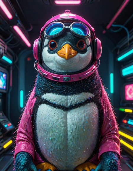 (ombre color scheme of neon pink, neon blue, neon green, neon yellow, neon yellow-red) (in the style of Zdzislaw Beksinski:1.2) (cute:1.25) (anime penguin:1.75) wearing a space helmet sitting at command chair with the lights of the consoles behind, in the style of sci - fi environments, glo - fi, aesthetic, comic, beeple, space background <lora:another-bored-particle:0.55>  <lora:add-detail-XL:0.65>, subsurface scattering, ultra hd, 4k, high def, Photorealistic, Hyperrealistic, Hyper detailed, analog style, realistic, masterpiece, best quality, ultra realistic, 8k, Intricate, High Detail, film photography, soft lighting,  heavy shadow