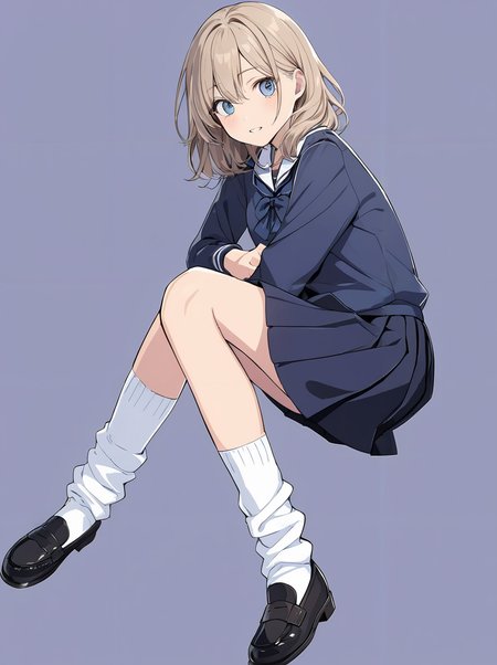 masterpiece,ultra-detailed,best quality,8K,illustration,cute face,clean skin ,shiny hair,girl,ultra-detailed-eyes,simple background, <lora:add-detail-xl:1> <lora:loose socks_XL_V2.0:1> loose socks, school uniform, skirt
