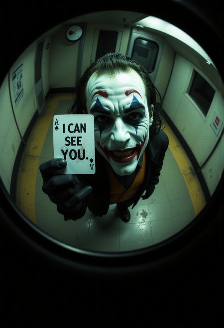 Fisheye lens, close-up of Heath Ledger as the Joker, seen through a surveillance camera, his unsettling grin fixed directly on the lens as if aware of the observer. The dim, eerie setting of a subway station with beige-green tiles and flickering fluorescent lighting adds to the sinister mood. The Joker holds a playing card up in one hand with the text: "I can see you", its bold design stark against the shadowy, grimy backdrop. <lora:- Flux1 - vanta_black_V1.0.safetensors:0.75>, <lora:DarkCore-000003.safetensors:1.0>,   <lora:black_fantasy.safetensors:0.5>,  <lora:aidmacatched-FLUX-v0.1.safetensors:0.5>,