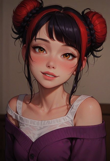 score_9_up, score_8_up, score_7_up, score_6_up, 1girl, 25 years old, perfect face, adult, 
detailed face, portrait, face focus, depth of field, looking at viewer, blush, shy smile, (close up), 
multicolored hair, black hair, red hair, hair bun, double bun, messy hair,
white shirt, purple cardigan, off shoulder, 
bedroom,