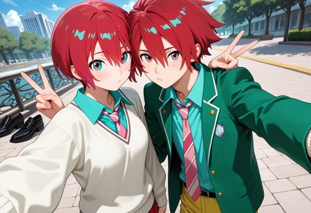 masterpiece, best quality, amazing quality, absurdres, newest, detailed background, definition so sharp, Ultra-HD, 8K cinematic, very awa, impressionate, amazing quality, highres, 
duo, couple focus, different high, different size, side by side, v, selfie, upper body, day, blue sky, outdoor, 
BREAK
1boy, kagayakibishounen, takuto_red eyes, takuto,red hair, short hair, takuto_school uniform, green blazer, white collared shirt, pink tie, yellow pants, black leather shoes
BREAK
1girl, amate yuzuriha,aqua shirt,striped necktie,white sweater,