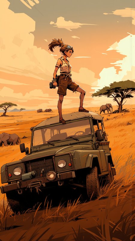 High-resolution semi-realistic anime-style illustration, soft painterly shading with rich oil painting textures. A cute young woman with her hair tied into a high ponytail stands atop a rugged safari jeep, parked on a small hill overlooking the vast African savanna. The golden light of the setting sun bathes the landscape in a warm glow, casting long shadows over the rolling grasslands. Acacia trees dot the horizon, while a distant herd of elephants moves gracefully through the tall grass. She wears a light, sleeveless safari blouse with a tied knot at the front, fluttering slightly in the evening breeze. A pair of vintage aviator goggles rest on her forehead, adding a touch of adventure to her look. With one foot propped up on the windshield frame, she scans the horizon through a pair of well-worn binoculars, her soft expression filled with curiosity and wonder. Dust clings to the jeepâs rugged tires, while the faint sound of wildlife fills the air. The entire scene is rendered with visible, expressive brushstrokes in warm, earthy tones, deep oranges, soft browns, and rich greens, giving it the texture and depth of a traditional oil painting <lora:Inkpunk_Flux:0.8> <lora:Alex_Vede:0.7000000000000001> <lora:Oil_Painting_style,_textured_brush_strokes:0.7000000000000001>