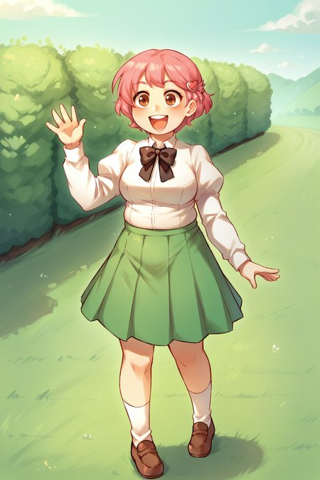 score_9, score_8_up, 1girl, solo,  <lora:NSMishaKatawa:1> NSMishaBase, brown eyes, pink hair, short hair, hair ornament, black bowtie, white collared shirt, puffy sleeves, long sleeves, green skirt, pleated skirt, white socks, brown shoes, outdoors, waving, happy, open mouth, chubby