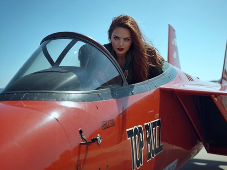cinematic film still a colorful, high contrast, vivid photograph a whole F14, a young woman wearing a flight suit is the pilot of the F14, long hair hanging out of the canopy, (the side of the F14 says TOP BUZZ:1.6), highly insanely detailed, masterpiece, top quality, best quality, highres, 4k, 8k, RAW photo . shallow depth of field, vignette, highly detailed, high budget, bokeh, cinemascope, moody, epic, gorgeous, film grain, grainy