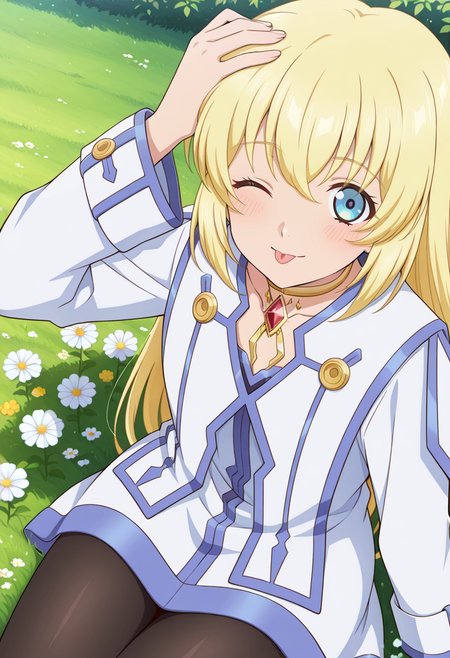 grass, day, flowers,
BREAK,
light smile, blush, tongue out, one eye closed, hand on head, sitting, 
cowboy shot, dynamic angle, from above,
BREAK,
<lora:coletteXL_illustriousXL_v01:0.9>
colettedef, blonde hair, blue eyes, long hair, hair between eyes,
choker, red gemstone, chest jewel, collarbone,
blue trim, white robe,
pantyhose, white footwears,, source_anime, very aesthetic, anime coloring, masterpiece, 
best quality, amazing quality, ultra detailed, very aesthetic, 
detailed background, 
BREAK,