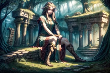 <lora:FantasyRuins:0.8> FanRu, magical fantasy world, ruins, overgrown, druid girl, best quality, masterpiece, <lora:more_details:0.65>