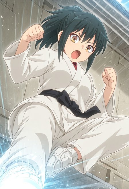 1girl, solo, masterpiece, best quality, newest, absurdres, CG, anime, source anime, illustration,  nyalia 
BREAK 1girl, solo, Orihara_LW, black hair, ponytail, brown eyes, sidelocks
dougi
dynamic pose, <lora:kamen-rider-kick-illustriousxl-lora-nochekaiser:1>, kamen rider kick, looking at viewer, open mouth, kicking, flying kick, motion lines, motion, hands up, clenched fist,
outdoors, day
cinematic angle, alternate angles, alternate detailed background, beautiful background, (rays light:1.0),(grow:1.0), light particles