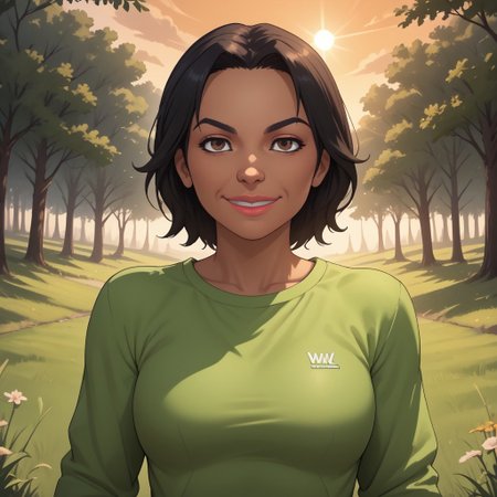 score_9, score_8, BREAK, solo, wii, mii, wii sports, 1girl, female mii, brown eyes, black hair, black eyebrows, lips, dark skin, light green clothing, white pants, shoes, nintendo mii, modern_mii, classic_mii, breasts, Maria_(Wii_Sports), dark skin female, sexy pose, self portrait, smile, outdoors, sunlight, shadows, evening lighting, natural lighting, forest, trees, grass, orange sky, sunset