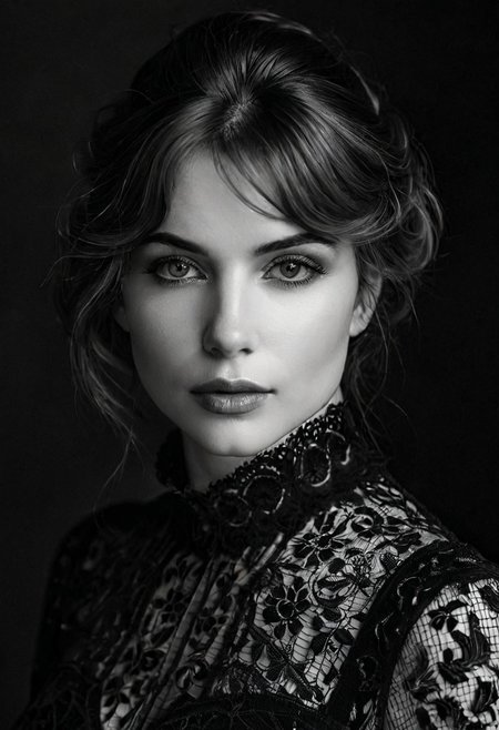 A highly detailed, black-and-white, silhouette, closeup, professional photo portrait of a young woman with a delicate, almost otherworldly beauty. She has fair, porcelain-like skin and striking almond-shaped eyes framed by long, dark lashes that draw attention to her gaze. Se is looking to the left, away from viewer. Her hair is voluminous and styled in an elegant updo, with soft, loose strands falling around her face to soften her features. Her lips are full and slightly parted, lending a subtle, sultry allure to her expression. She wears a form-fitting, high-necked top made of delicate, fishnet fabric, which accentuates her slender physique and adds a touch of subtle sensuality. The background is pitch black, with smoke behind the woman, creating a dramatic contrast with her light skin and hair, drawing the viewerâs focus entirely onto her. The lighting, hitting only one side of her face, is hard in chiaroscuro style, giving depth to her features and an air of mystery. The overall style blends gothic and fantasy influences, with a strong emphasis on realism and a refined sense of elegance and enigma.