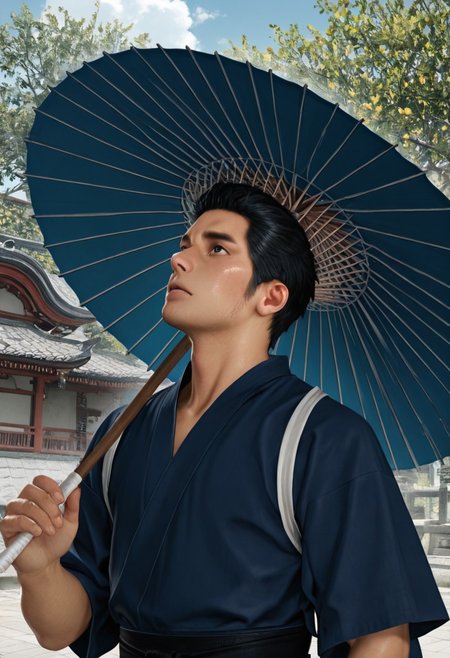 masterpiece, best quality, amazing quality, absurdres, newest, detailed background, definition so sharp, Ultra-HD, 8K cinematic, very awa, impressionate, amazing quality, highres, realistic, 
solo, male focus, manly, day, sunbeam, garden sakura tree, blue sky, cloud, chinese architecture,
kiryuchan, kiryuchan_black hair, kiryuchan_black eyes, 1boy, solo, male focus, short hair, facial hair, sideburns, blue kimono, black sash, white tasuki, holding umbrella, oil-paper umbrella, looking up, windy
