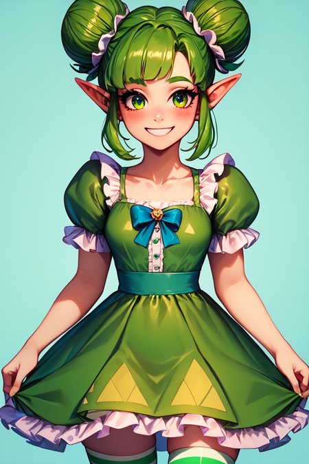 score_9, score_8_up, score_8, medium breasts, (curvy), cute, eyelashes,       BREAK, , zzFarore, green eyes, green hair, double bun, pointy ears,  bangs, green dress, collarbone, short sleeves  <lora:Farore_Zelda_PDXL:0.5>, , BREAK, closed mouth, alternate costume, smile, looking at viewer, blush,  zzLFashion, frilled dress, frills, bow, dress, striped thighhighs, sweetL, cowboy shot,  embedding:zPDXL, Expressiveh,  <lora:Vivid:0.7>,  <lora:LFashionPDXL:1>,  <lora:Uncensored_PonyXL_cpt_v02.09:0.4>,  <lora:Expressive_H-000001:0.4>,
