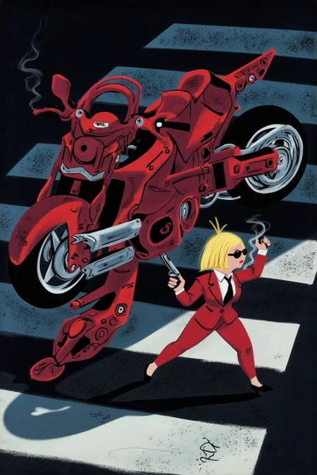 maryblair2 illlustration.
Overhead shot of a Blonde woman walking away from a futuristic motorcycle parked at a zebra crossing. The woman has bob hair, is smoking. She wears a red business suit, white shirt, black tie, and sunglasses. She holds a gun with a confident grip. The motorcycle itself is red, sleek and metallic, with intricate designs and a futuristic vibe
 <lora:maryblair3_cap_d6a3e9:1.0><lora:855890669867124369:0>