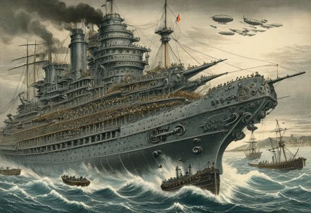 concept-art, engraving of steampunk pre-dreadnough class battleship carrying flying machines, bay of Tokio, 1863 by Gustave Dore and hokusai undertones