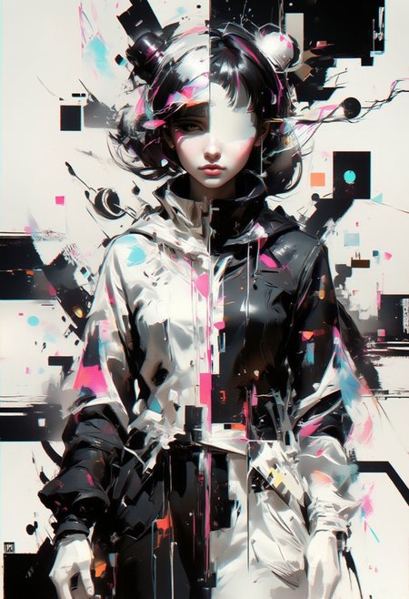 aidmaimageupgrader, female character at the center, split yin and yang aesthetic, perfect black and white division, glowing geometric patterns along the divide, glitchcore accents, fragmented symmetry, soft gradients blending light and dark edges, luminous holographic details, futuristic attire reflecting duality, ethereal glow from the split, digital distortion outlining the divide, abstract swirling shapes inspired by yin and yang, serene yet dynamic composition, balanced light and shadow interplay, glowing highlights along the split line, minimalistic yet harmonious atmosphere, subtle worn textures in the background, dreamlike split duality, contrasting yet unified, surreal digital harmony, quiet elegance,pscho_4rt