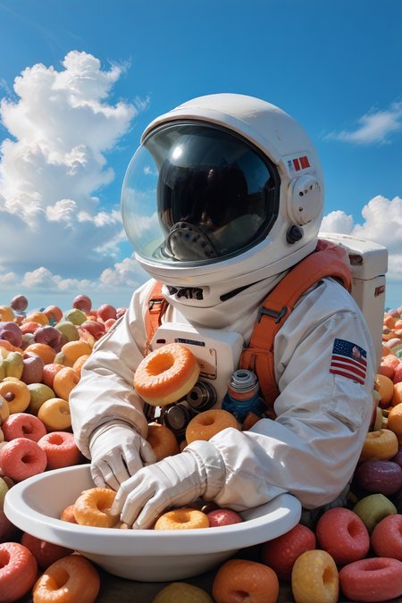 milk background,
cloud sky,
miniature photography,no face,
mini astronaut sitting on food,cowboy shot, 
score_9, score_8_up, score_7_up, score_6_up,  
<lora:swimming_in_cereal:0.8>hud_cere4l_sw1m,
<lora:sdxl_lightning_8step_lora:1> ,dof,