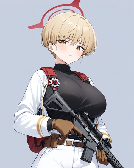 marina \(blue archive\),1girl, solo, two-tone_jacket, white_background, white_jacket, looking_at_viewer, closed_mouth, halo, black_shirt, simple_background, long_sleeves, blush, brown_gloves, open_jacket, harness, holding_gun, large_breasts, assault_rifle, eyeshadow, white_pants, pouch, belt
<lora:marina_(blue_archive)_image369_2023-11-28-000020:1>halo. gorgeous,key visual, vibrant, studio anime,award-winning, professional, highly detailed,high budget, cinemascope